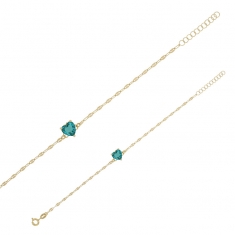 Bracelet coeur cristal bleu turquoise, chaîne maille fantaisie, argent 925/1000 doré