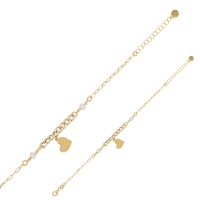 Bracelet coeur, maillons dorés et émaillés blancs, perles synthétiques, argent 925/1000 doré