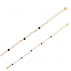 Bracelet cristal noir, quartz rose, perles culture d'eau douce, maille marine argent 925/1000 doré