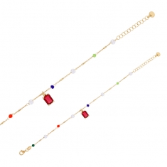 Bracelet cristal rectangle couleur rubis, perles de verre, perles d'eau douce, argent 925/1000 doré
