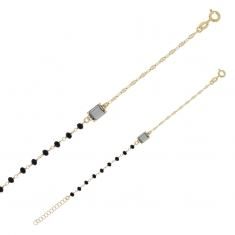 Bracelet cristal rectangle et cristaux noirs facettés, maille fantaisie, argent 925/1000 doré