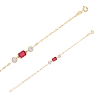 Bracelet cristal rouge rubis taille rectangle, 2 oxydes ronds blancs, argent 925/1000 doré