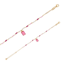 Bracelet cristal taille rectangle, perles de verre fuchsia, rose, blanc, argent 925/1000 doré