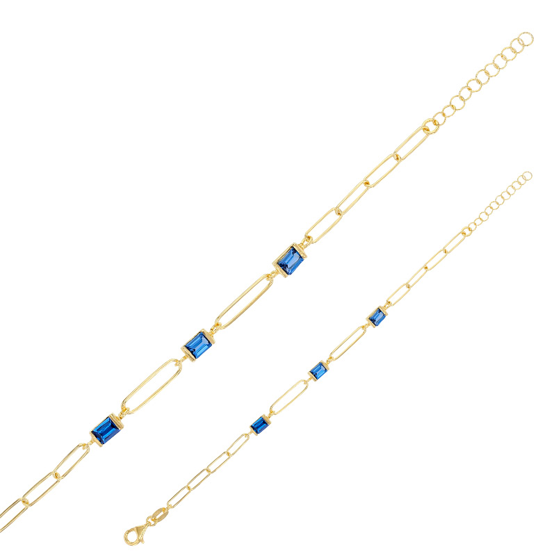 Bracelet cristaux bleu saphir taille rectangle, maille ovale allongée argent 925/1000 doré