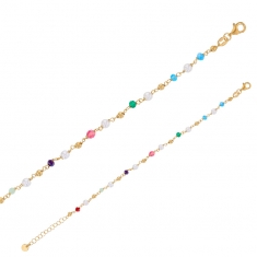 Bracelet cristaux de couleur, perles de culture d'eau douce, maille marine argent 925/1000 doré