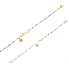 Bracelet infini et coeur bombé, chaîne boules émail bleu ciel, argent 925/1000 doré