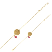 Bracelet médaille feuillage gravé, pierre Tourmaline rose, argent 925/1000 doré