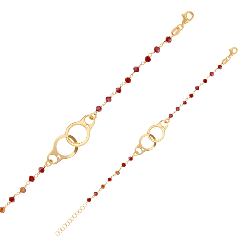 Bracelet menottes cristaux facettés couleur grenat, perles synthétiques, argent 925/1000 doré