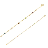 Bracelet oxydes de couleurs carrés sertis clos, perles dorées, argent 925/1000 doré