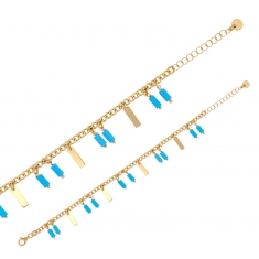 Bracelet pampilles plates et résine bleu turquoise, maille gourmette, argent 925/1000 doré