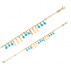 Bracelet pampilles rectangles et résine bleu turquoise, argent 925/1000 doré
