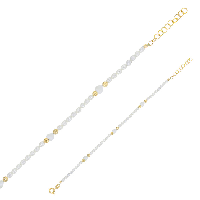 Bracelet perles d'eau douce, coeurs et perles dorées, argent 925/1000 doré