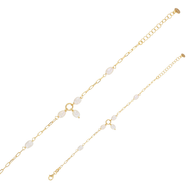 Bracelet petit cercle avec perles synthétiques blanches, argent 925/1000 doré