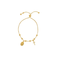 Bracelet réglable avec boules, pampilles Madone et croix, argent 925/1000 doré