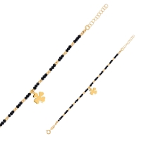 Bracelet trèfle, perles de cristal facettées noires, argent 925/1000 doré