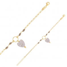 Bracelet coeur bombé en cristal gris, perles facettées, argent 925/1000 doré
