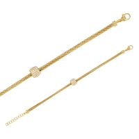 Bracelet maille perlée avec rond pavé d'oxydes, argent 925/1000 doré