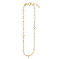 Chaîne de cheville maille allongée, perles de verre quartz rose, argent 925/1000 doré
