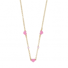 Collier 3 coeurs émail rose, perles de cristal rose clair, argent 925/1000 doré