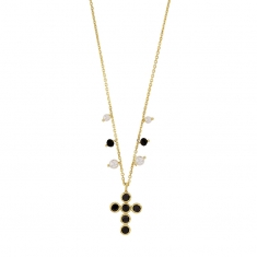 Collier argent 925/1000 rhodié GYPSY MARIA croix avec oxydes de zirconium noirs et perles