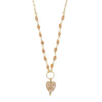 Collier coeur bombé en cristal couleur pêche, perles facettées, argent 925/1000 doré