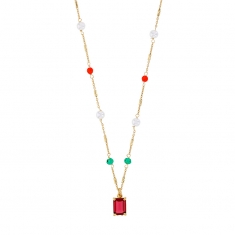 Collier cristal rectangle couleur rubis, perles de verre, perles d'eau douce, argent 925/1000 doré