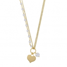 Collier double chaîne coeur et perles synthétiques blanches, argent 925/1000 doré