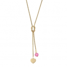 Collier lasso coeur et perle de verre rose, argent 925/1000 doré