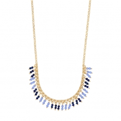 Collier pampilles perles de verre bleu marine et bleu clair, argent 925/1000 doré
