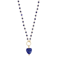 Collier coeur bombé en cristal bleu nuit, perles facettées, argent 925/1000 doré