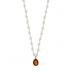 Collier cristal ovale marron, chaîne perles d'imitation blanches, argent 925/1000 doré