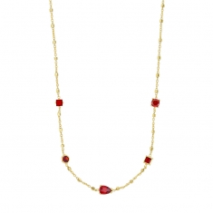Collier oxydes rouge rubis tailles carrées, rondes et taille poire, argent 925/1000 doré