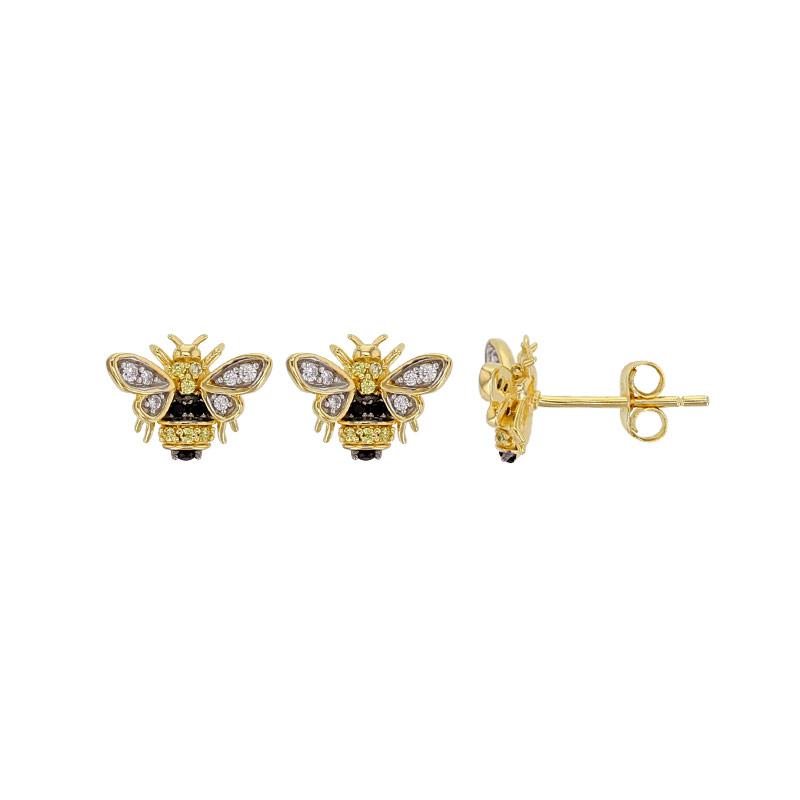 Boucles d'oreilles abeilles, oxydes blancs et jaunes, spinelles noirs, argent 925/1000 doré