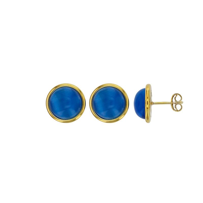 Boucles d'oreilles puces rondes en verre bleu, argent 925/1000 doré