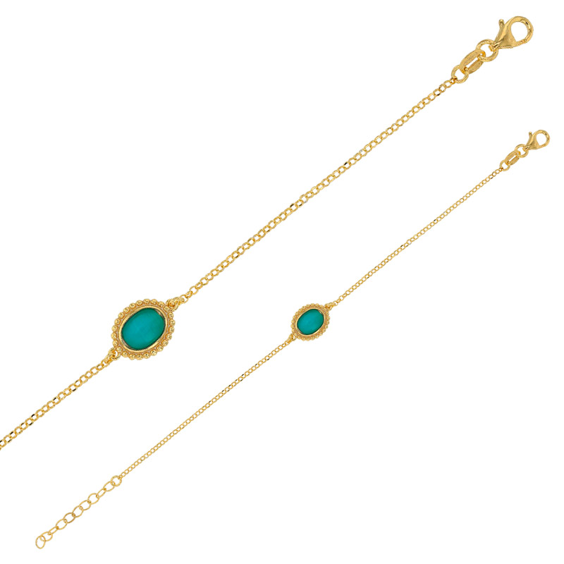 Bracelet argent 925/1000 doré perlé orné d'Oeil de chat bleu turquoise