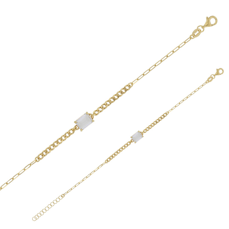 Bracelet cristal blanc rectangle, maille gourmette et allongée, argent 925/1000 doré