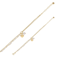 Bracelet double chaîne coeur et perles synthétiques blanches, argent 925/1000 doré