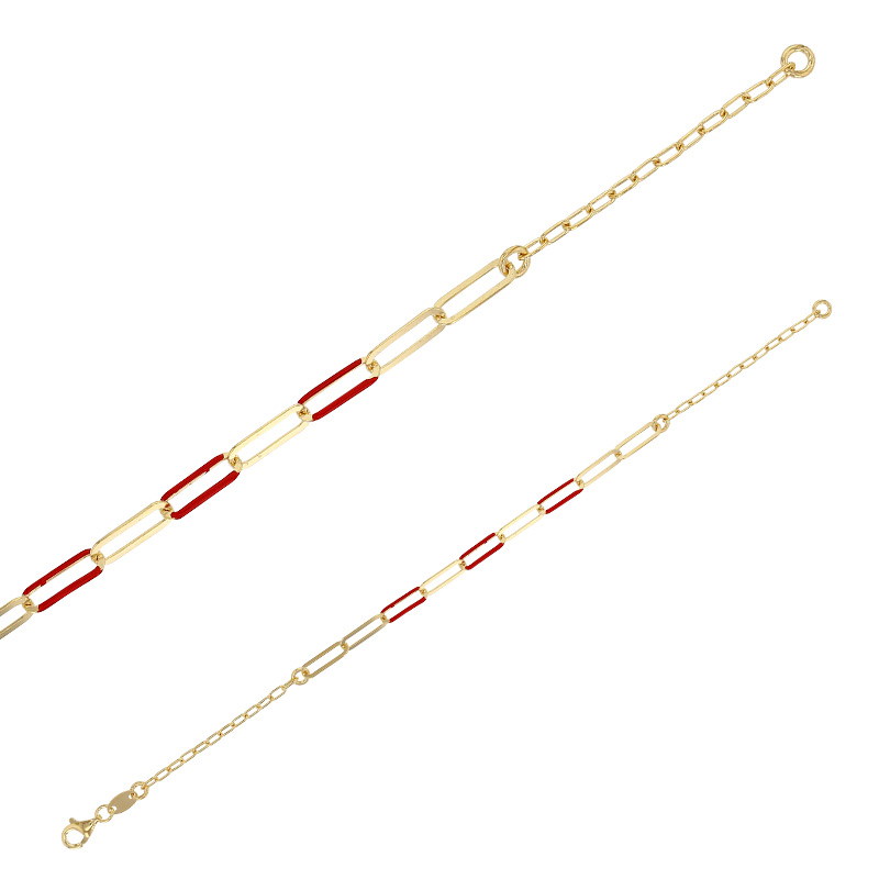 Bracelet mailles allongées, émail rouge, argent 925/1000 doré