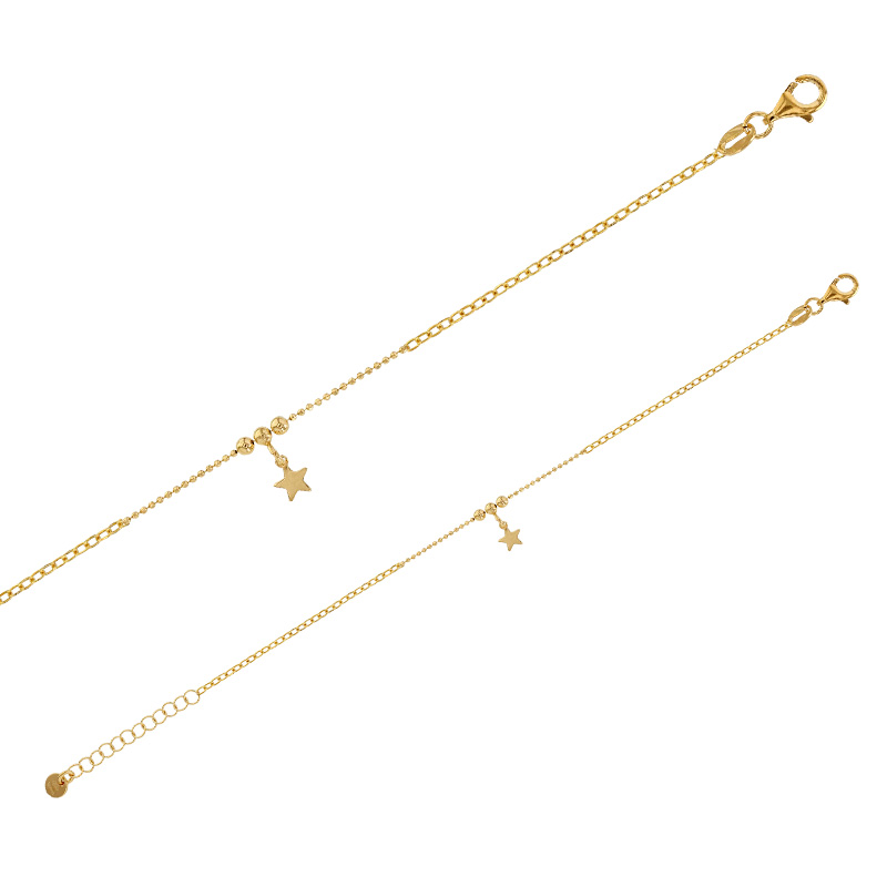 Bracelet pampille étoile, chaîne forçat et boules, argent 925/1000 doré