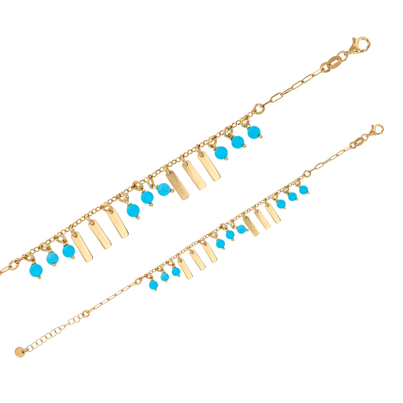 Bracelet pampilles rectangles et résine bleu turquoise, argent 925/1000 doré