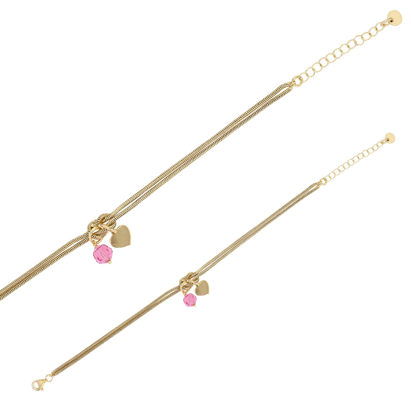 Bracelet 2 rangs orné d'un coeur et d'une perle de verre rose, argent 925/1000 doré