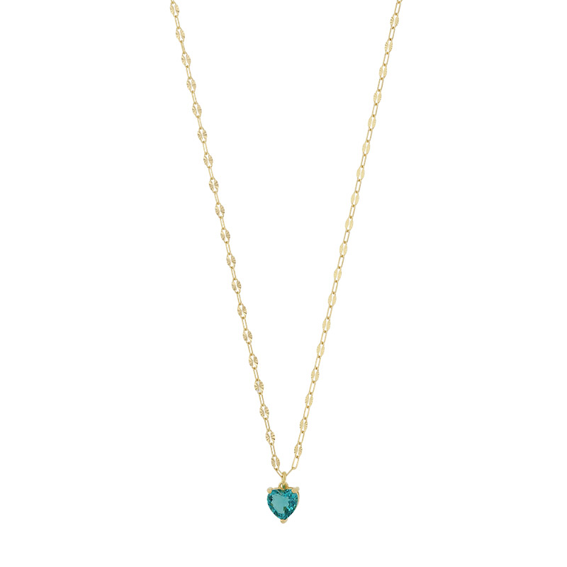 Collier coeur cristal bleu turquoise, chaîne maille fantaisie, argent 925/1000 doré