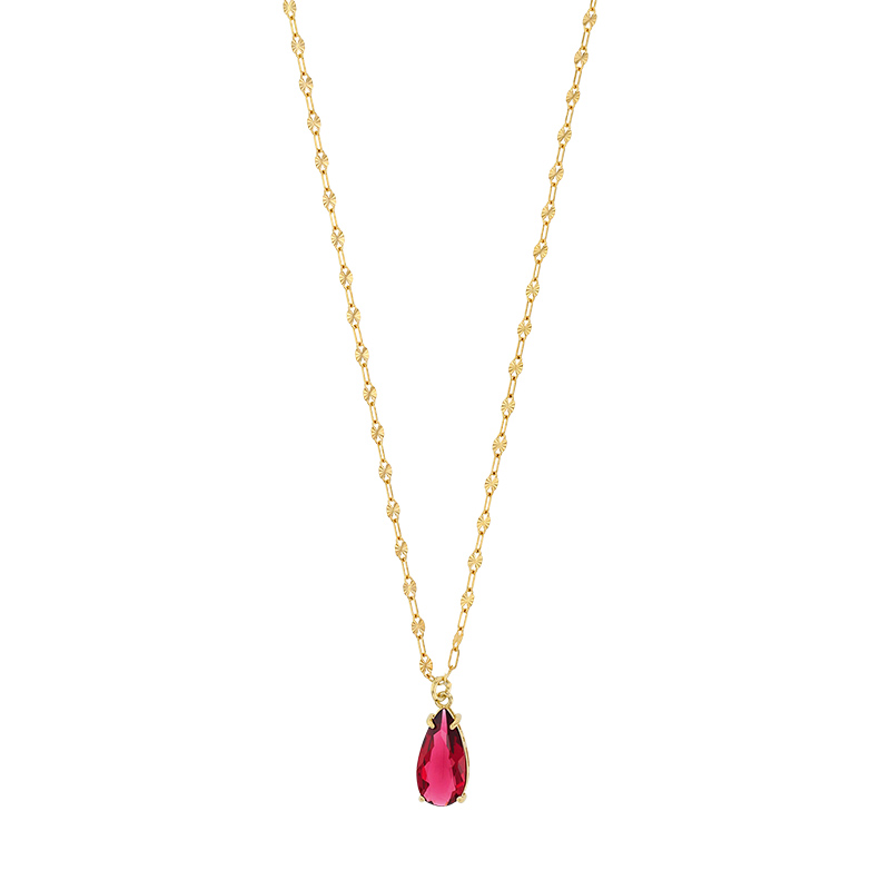 Collier cristal couleur rubis forme goutte, argent 925/1000 doré