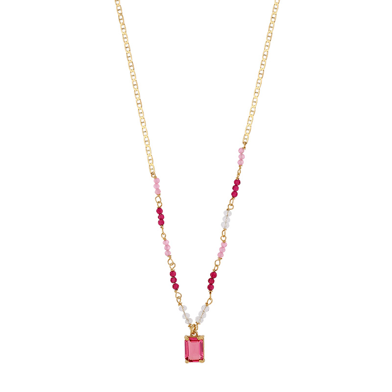 Collier cristal, perles de verre fuchsia, rose et blanches, argent 925/1000 doré