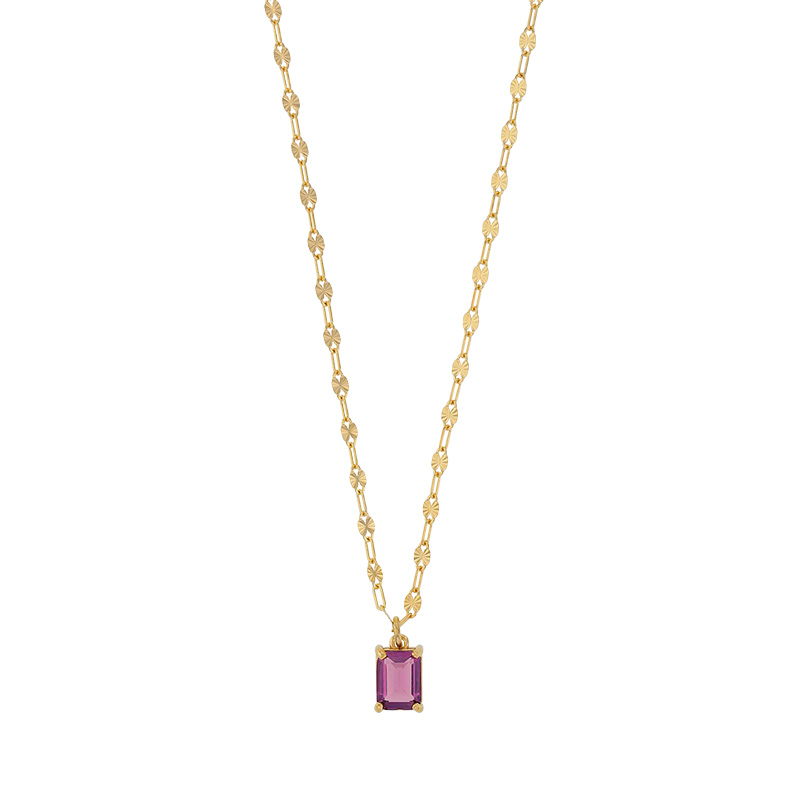 Collier cristal violet améthyste taille rectangle, argent 925/1000 doré