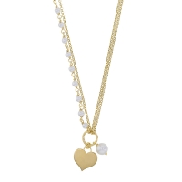 Collier double chaîne coeur et perles synthétiques blanches, argent 925/1000 doré