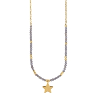 Collier étoile, perles de cristal facettées grises, argent 925/1000 doré