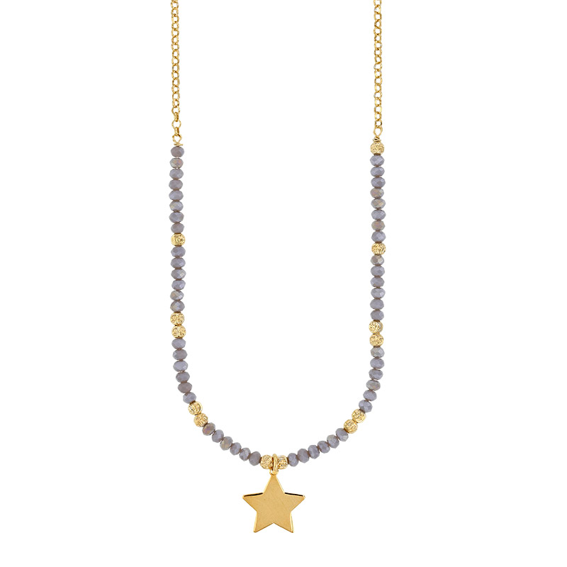 Collier étoile, perles de cristal facettées grises, argent 925/1000 doré