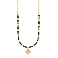 Collier trèfle, perles de cristal facettées noires, argent 925/1000 doré