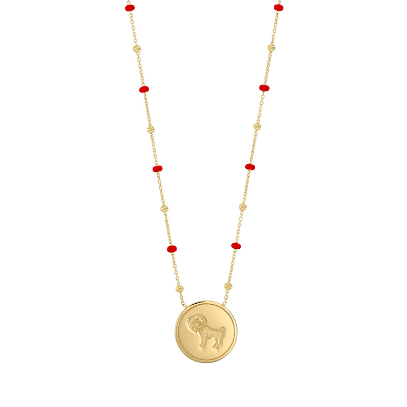 Collier zodiaque Bélier, chaîne boules dorées et émail rouge, argent 925/1000 doré
